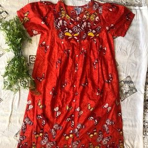 Women's M House Dress Butterfly Pattern Orange Button Up India Anthony Richards